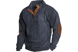 QWENTMTNTY Men's Corduroy Pullover Lapel Mock Neck Long Sleeve Winter Sweaters Warm Polo Sweatshirts with Elbow Patches
