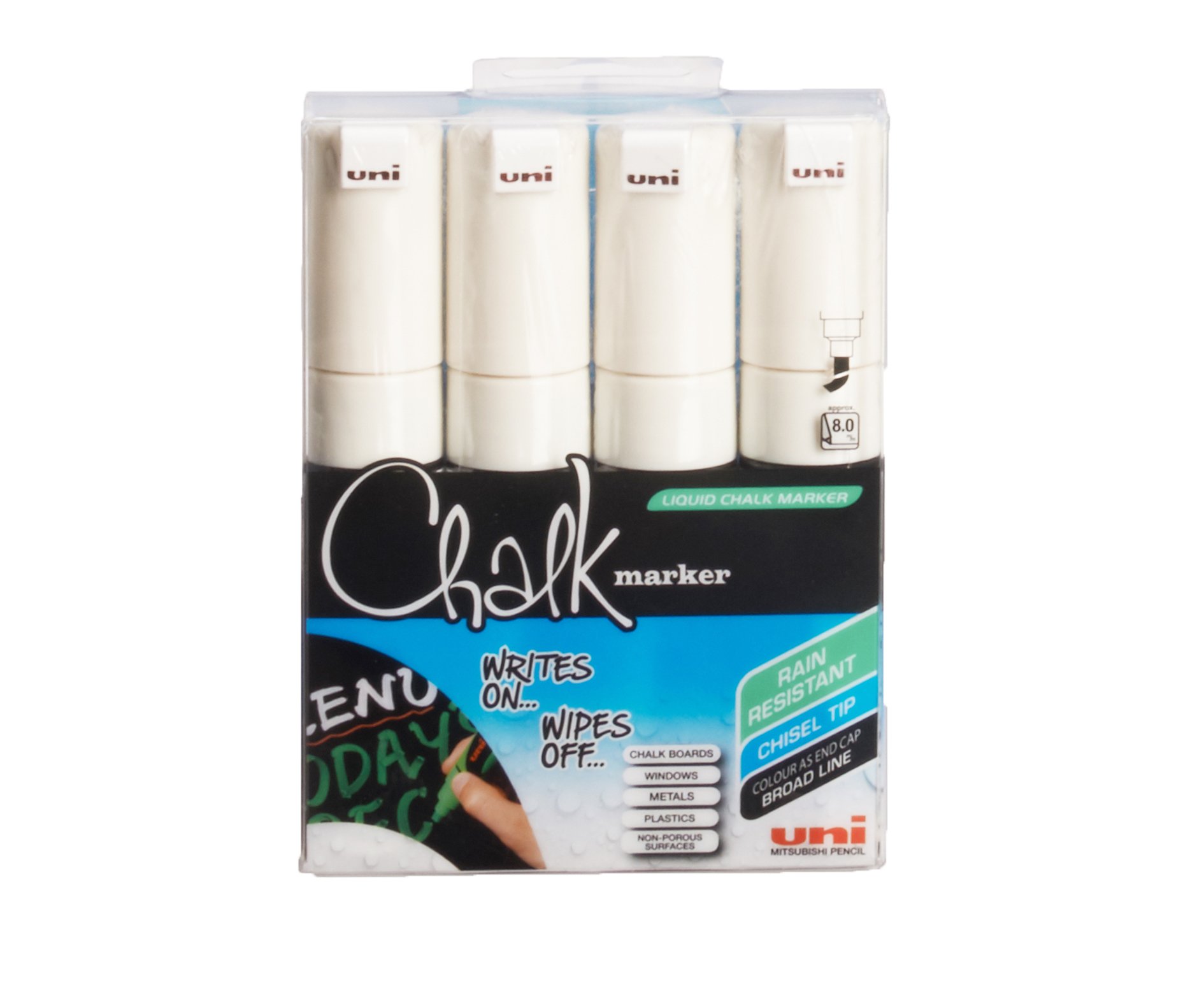 uni-ball PWE-8K White Liquid Chalk Pens. Multi-Purpose Wipeable Coloured Markers for Blackboards, Chalkboards, Whiteboards, Glass, Mirrors, Plastic, Windows, Metal. Safe for Kids. Chisel Tip. 4 Pack