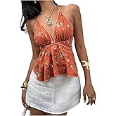SweatyRocks Women's Sequin Embroidery V Neck Halter Tops Tie Backless Peplum Going Out Party Tops