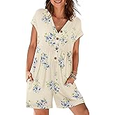 MEROKEETY Womens Romper Summer 2026 Casual Cap Sleeve V neck Button Short Jumpsuit Beach Vacation Outfits with Pockets