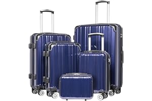 Coolife Luggage Expandable 5 Piece Sets PC+ABS Spinner Suitcase 20 inch 24 inch 28 inch (navy new)