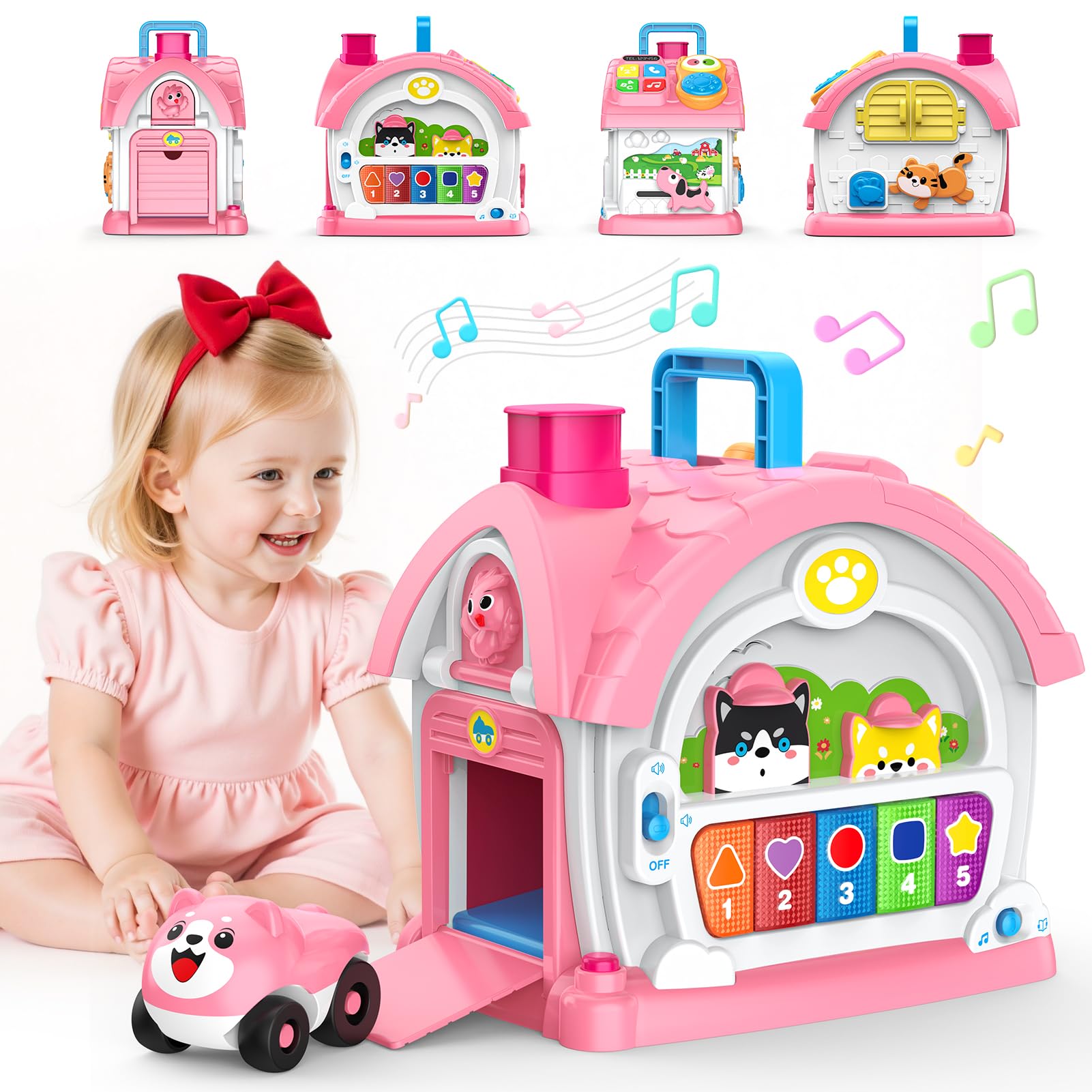 Toys for 1 2 Year Old Girls: Montessori Toys for 1 Year Old, 6 in 1 Multi-Functional Activity House Baby Toy with Music/Lights/Sound/Car, Birthday Gifts for 1 2 Year Old Girls Kid