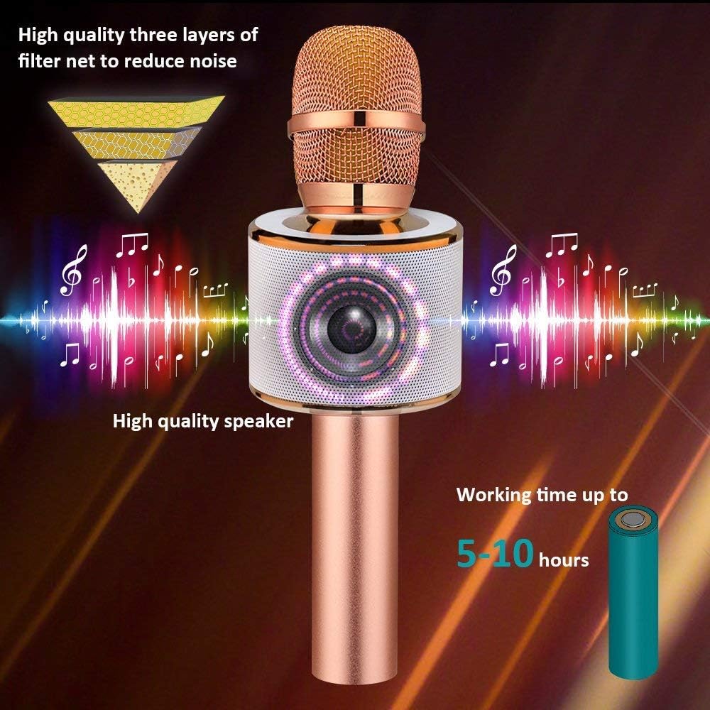 BONAOK Wireless Bluetooth Karaoke Microphone,3-in-1 Portable Handheld Karaoke Mic Speaker Machine Christmas Birthday Home Party for Android/iPhone/PC or All Smartphone(Q37 Rose Gold): Musical Instruments