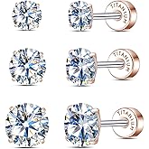 Limerencia Moissanite Stud Earrings, 3 Pairs Titanium Screw Back Earring, D Color VVS1 Clarity Lab-created Moissanite Earrings, Hypoallergenic G23 Pure Titanium for Women Men Sensitive Ears