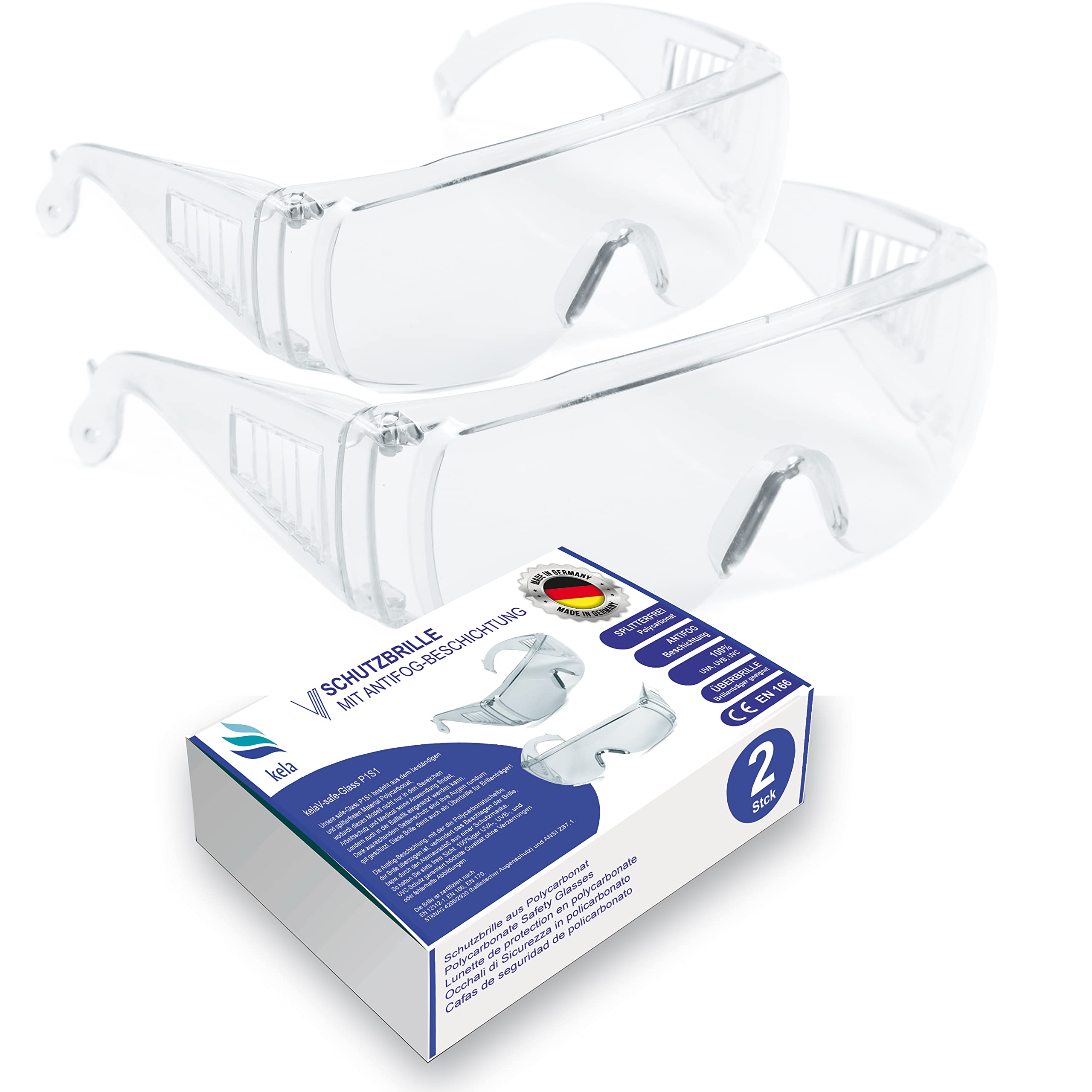 kela 2x Safety Glasses P1S1 |100% Made in Germany | Shatter-Free work safety googles eyewear with anti-fog and UV coating | Transparent eye protection, Over-glasses, airsoft sports