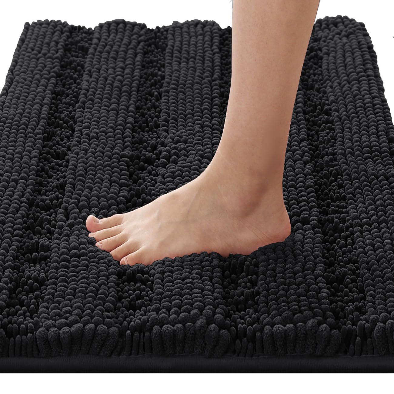 Photo 1 of H.VERSAILTEX Bath Rugs for Bathroom Non Slip Bath Mats Extra Thick Chenille Striped Rug 20" x 32" Absorbent Non Skid Fluffy Soft Shaggy Washable Dry Fast Plush Mat for Indoor, Bath Room, Tub - Black