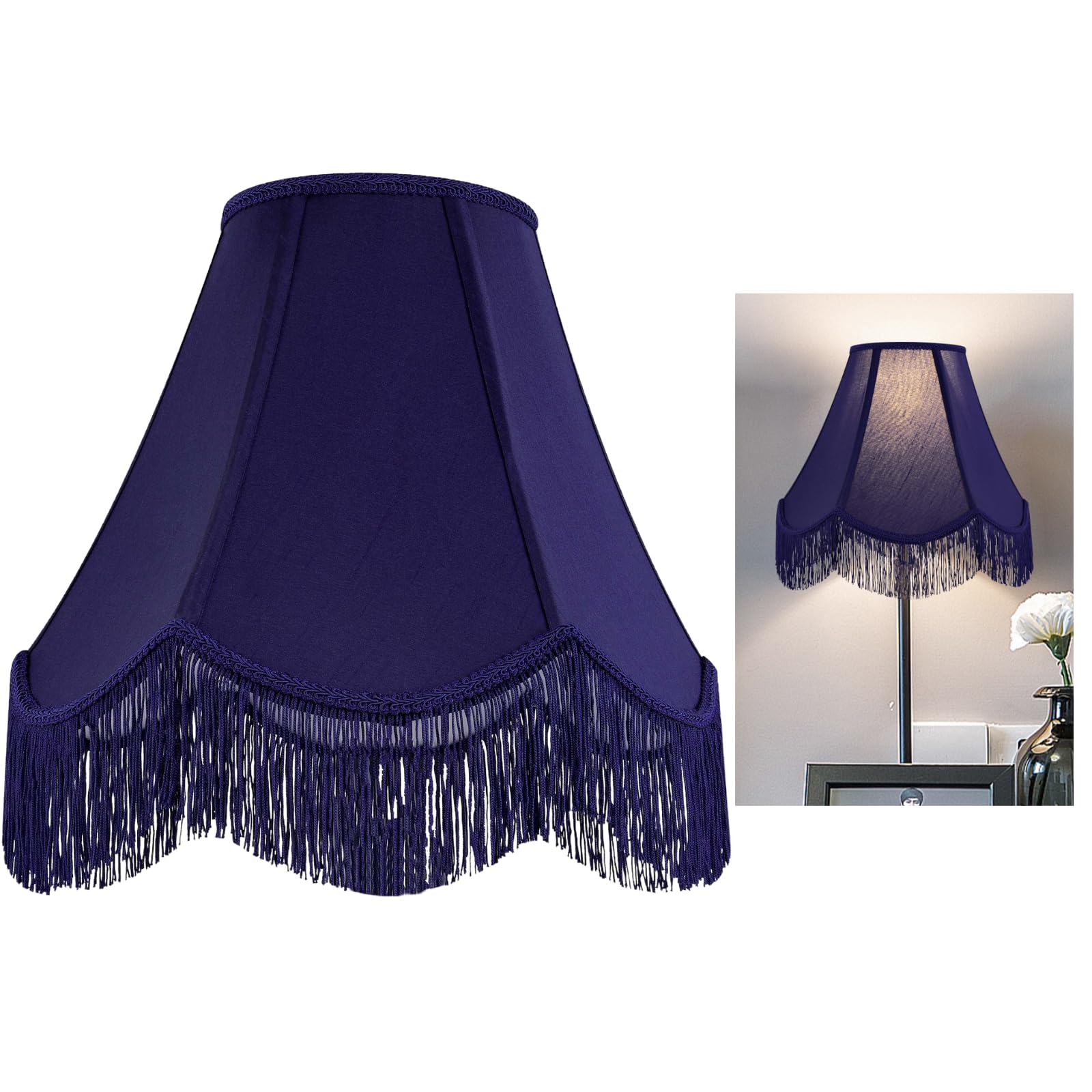 Photo 1 of GO&SO Blue Silk Bell Lamp Shades Petal Edge Braid with Blue Fringe Trim, 6"x13"x10.6"(Spider), Victorian Scalloped Lamp Shades Hand Crafted,Replacement Lamps Shades for Table,Floor Lamps,Easy Assembly