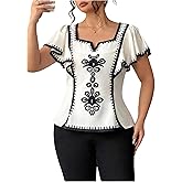 SOLY HUX Women's Plus Size Boho Print Blouse Ruffle Sleeve Fitted Shirt Dressy Casual Summer Tops