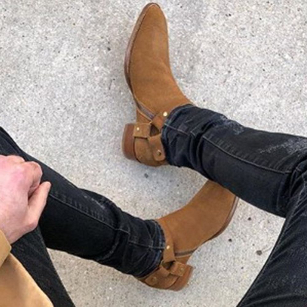 LAICIGO Mens Wyatt Harness Boots Chunky Low Heel Zip-up Pointed Toe Faux Suede Winter Ankle Booties - Image 4