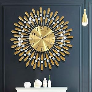 Fleble 23.6 inch Big Metal Wall Clock Gold Dial with Arabic,Non-Ticking Silent Clocks,Vintage Style Round Luxury Home Decorative for Villa, Living Room