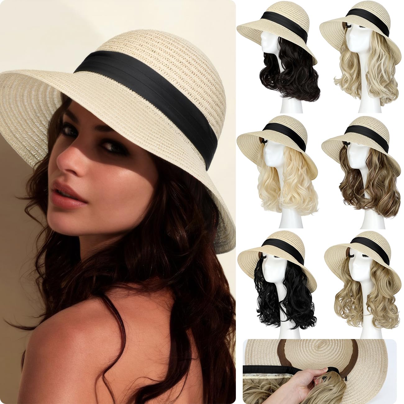 Photo 1 of Qlenkay Straw Sun Hat with 10in Synthetic Hair Extension Short Wavy Curly Wig Wide Brim Women Adjustable Cap Detachable Hairpiece for Summer Travel Dark Brown