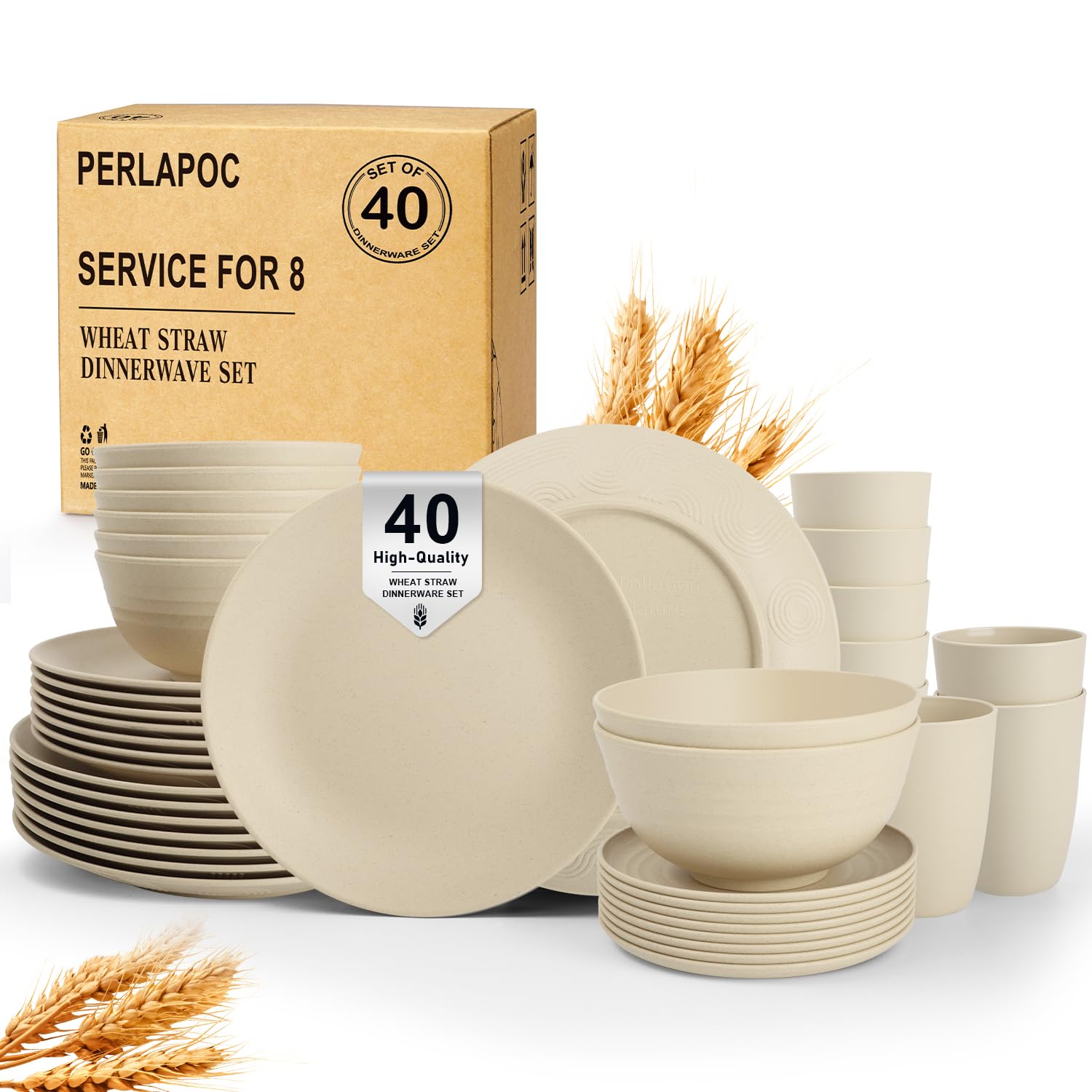 Photo 1 of Perlapoc Dinnerware Sets 40 PCS Wheat Straw Plates and Bowls Sets With Cups Service for 8 Microwave Safe Dishes for Kitchen Lightweight Dish Set for RV Outdoor Activities Travel - Beige Colors