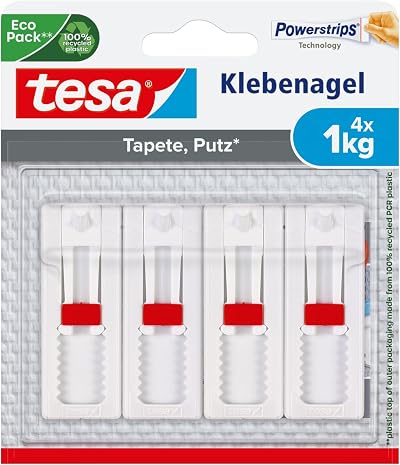 tesa Powerstrips Adhesive Hooks for Wallpaper & Plaster 1kg - 4 Pack White