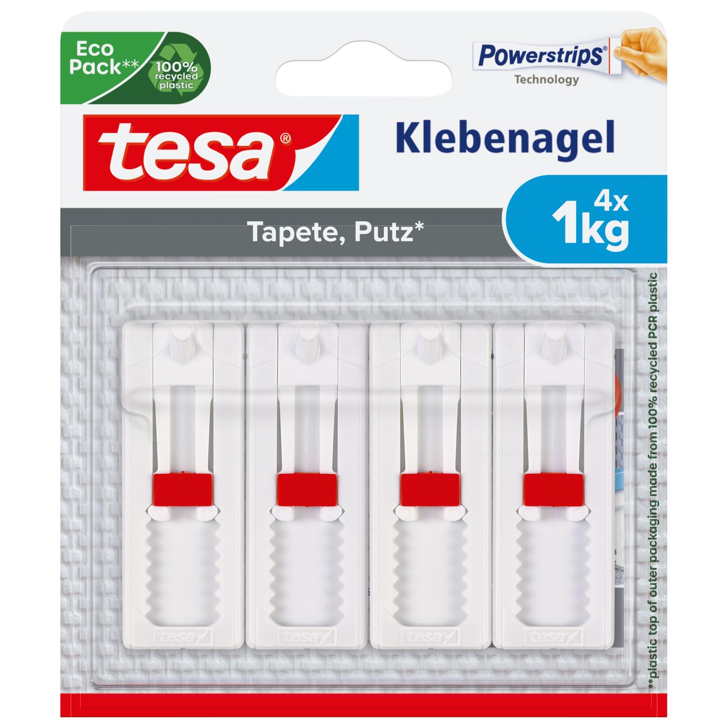 tesa Powerstrips Verstelbare kleefspijker voor behang en pleisterwerk, zelfklevende Nagel 1 kg - 4 Nägel wit