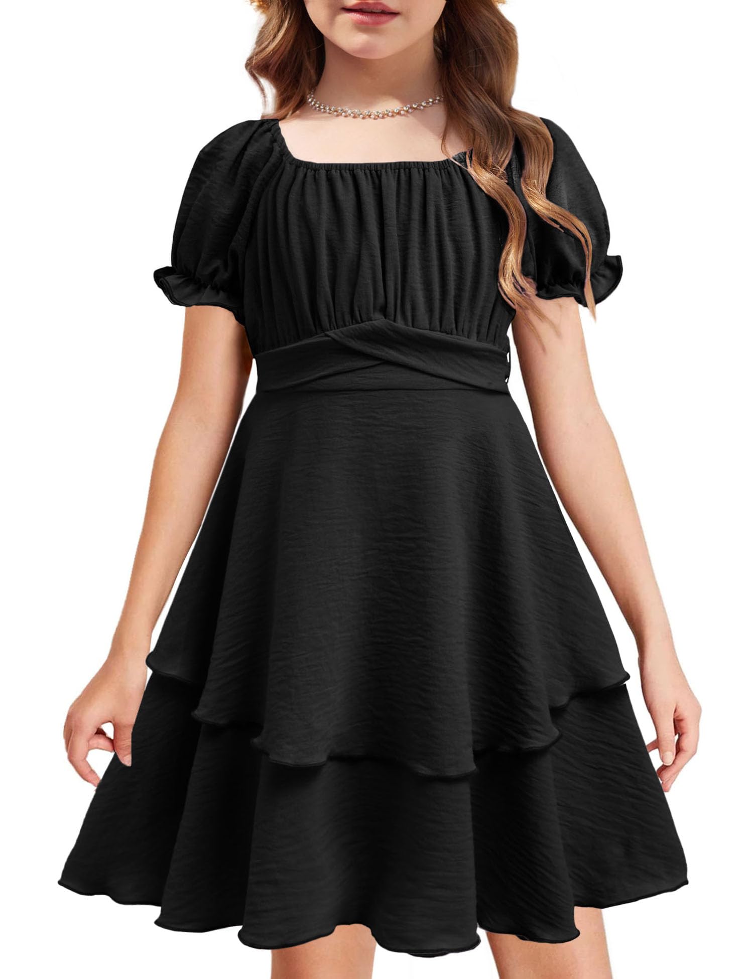 Photo 1 of Arshiner Girls Dresses Summer Short Sleeve Off Shoulder Ruffle Tiered Layer Party Dress Black Tween 16
