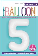 Unique Giant Foil Number 5 Balloon 86 cm Matte White - Self Sealing view 2