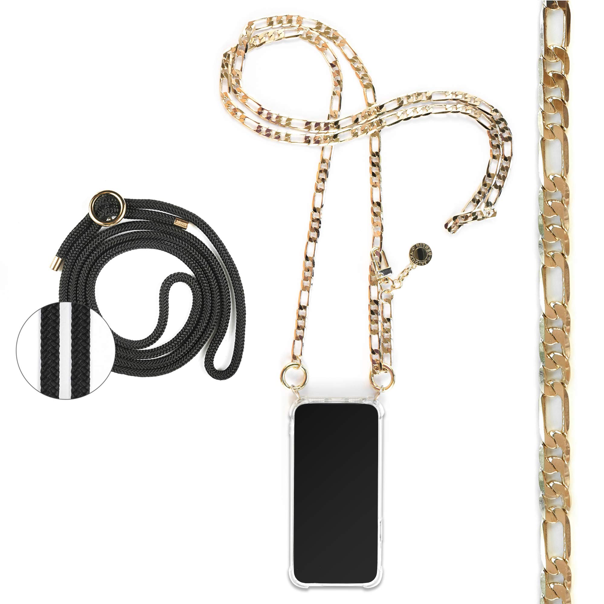 Jalouza Phone Necklace Chain Compatible with Huawei Mate 20 Pro – Set with Golden Figaro Chain, Transparent Case and Black Cord – Crossbody Case for Apple iPhone – Premium Phone Neck Holder