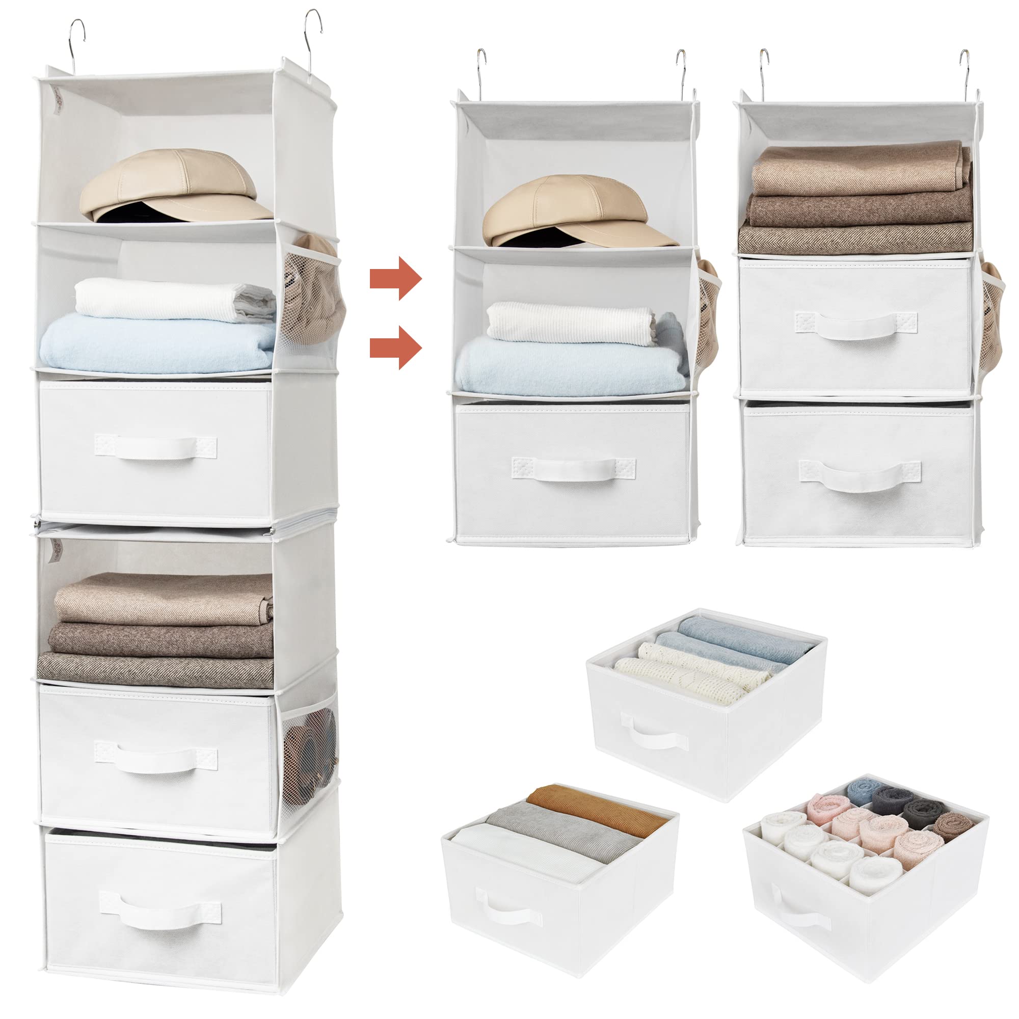 GRANNY SAYS 6-Shelf Hanging Drawers for Wardrobe, Separable to 2 Pack 3-Shelf Wardrobe Hanging Storage Organiser, White Hang Clothes Shelves, Fabric Closet Storage Organiser with Drawers