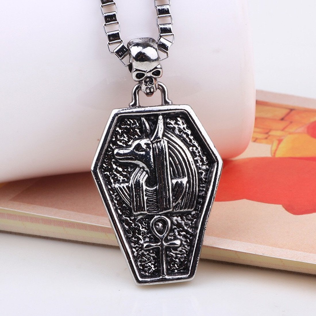 Fire Eyes-DIY Egypt Queen Jewelry Mystical Coffin Amulet Anubis Jackal Head Pendant Chain Necklace