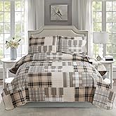 3-Piece Brown Plaid Bedspread Sets Quilts Queen Size Sets Plaid Quilts Bedding Sets Reversible Lightweight Stripe Coverlet Grid Bedding Patchwork Soft Quilt for Bed (90" x 90")