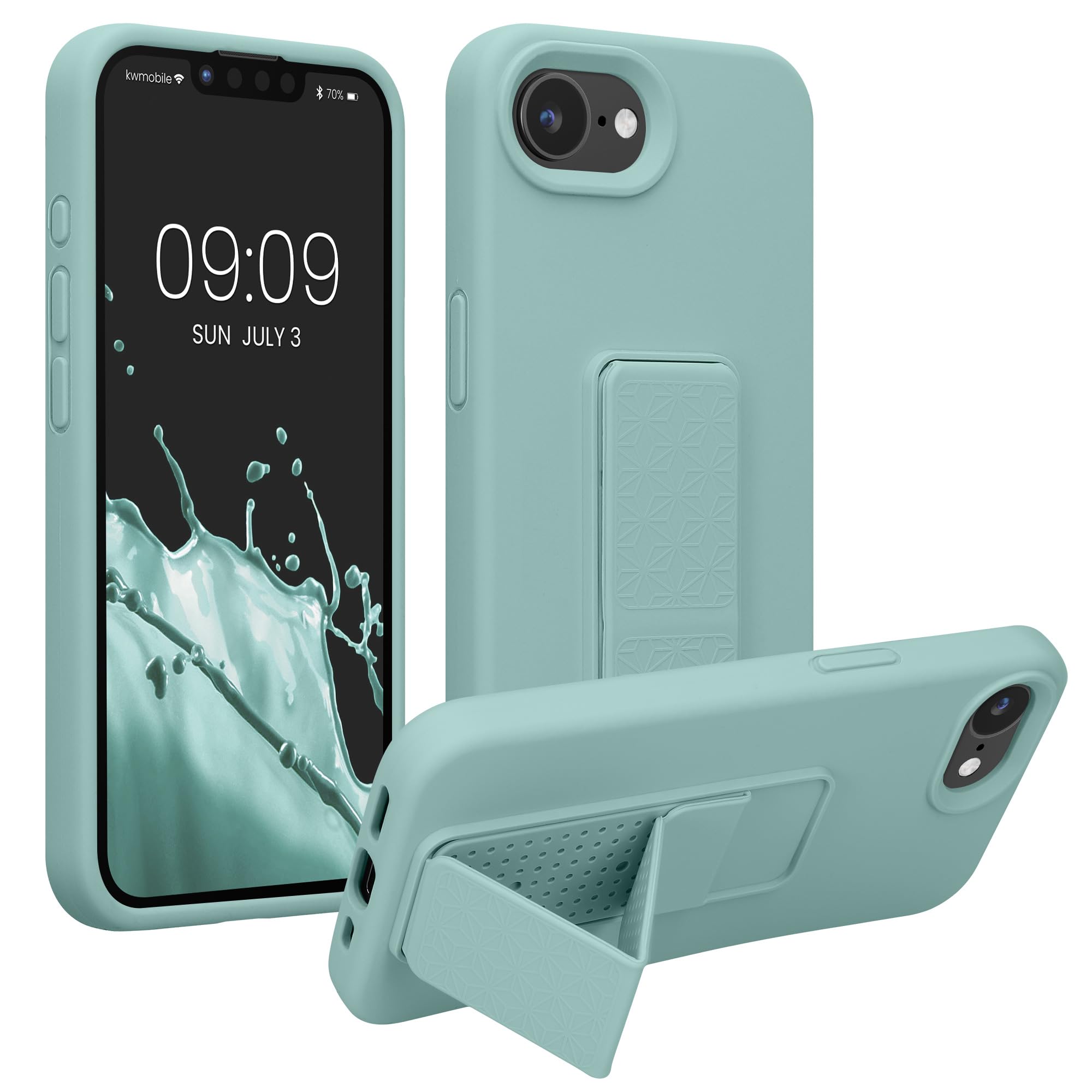 kwmobile Case Compatible with Apple iPhone 17e / iPhone 16e - Case with Hand Strap and Stand Soft TPU Silicone Coating - Mint