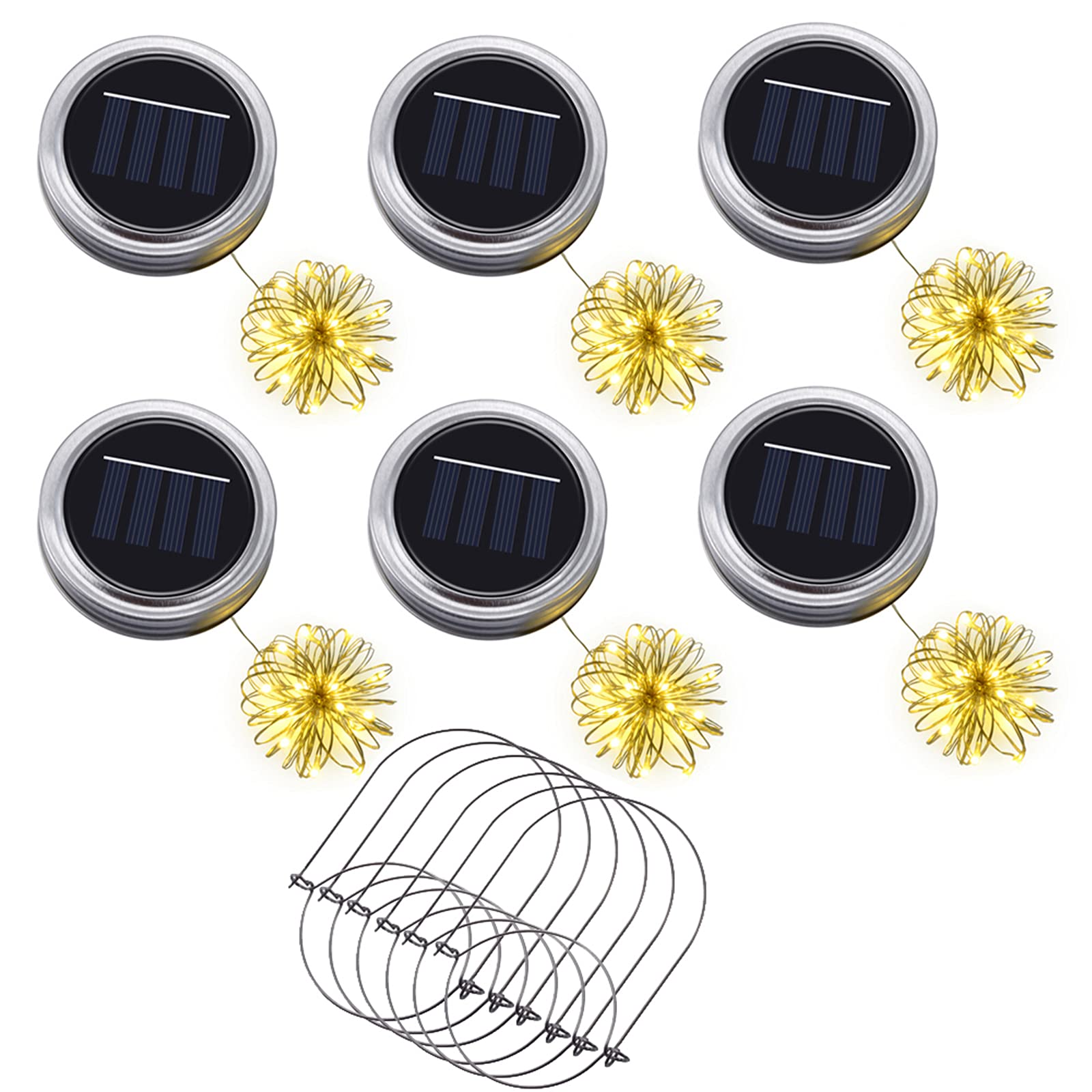 Ymenow Mason Jar Lights Solar Powered, 6pcs Battery Operated Hanging Lanterns Replacement Solar Jar Lids LED Outdoor Waterproof String Lights for Garden Yard Wedding Decor(No Jars Included)