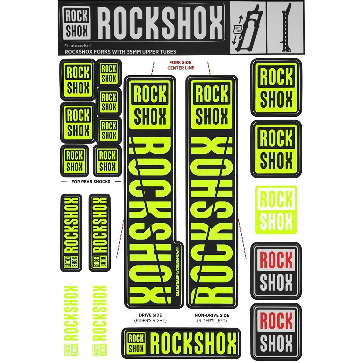 Rockshox Unisex Front Suspension Decal Kit 35mm Ne01 Yellow My18 Pike/Lyrik/Yari/Domain/Revelation(2018+) Service Spare Part, Black, UK