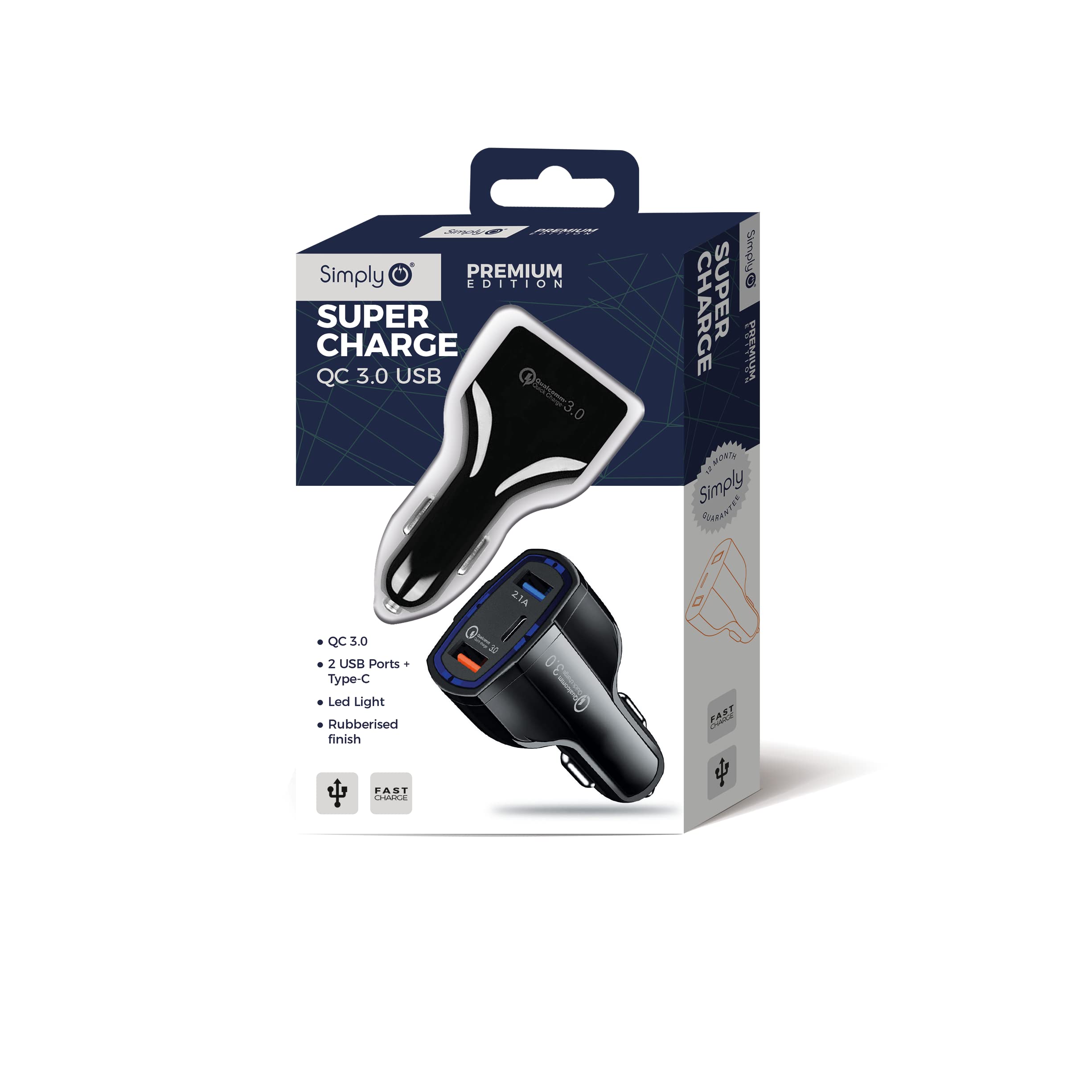 Simply SUSB05 Single Type-C Slot & Dual USBQC 3.0 5v/2.1A Super Fast Charge Car Charger with LED Light Indicators for Apple Android and Other USB Devices