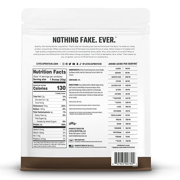 LEVELS GRASS FED WHEY PROTEIN POWDER, NO ARTIFICIALS, 24G OF PROTEIN, DOUBLE CHOCOLATE, 1LB