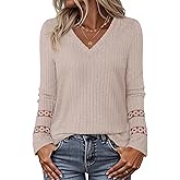 MEROKEETY Womens Long Sleeve Tops 2025 Trendy Fall Winter V Neck Ribbed Sweaters Casual Shirts Blouses