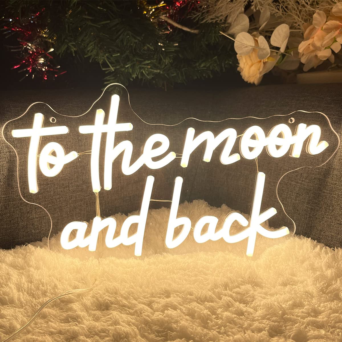 Photo 1 of To The Moon & Back Neon Sign for Wedding Room Wall Decor LED Light Signs Aesthetic LED Sign for Bedroom Home Decor Wall Art Anniversary Valentines Day Gift for Women 5V USB Powered Warm White 40×23CM