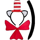 3PCS Cat Costume Set - Stovepipe Hat Red White Ear Headband with Bow Tie and Tail for Women Grils Halloween Book Week Cosplay Accessories