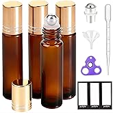PrettyCare Essential oil Roller Ball Bottles for Oils 10ml Amber Glass with Golden Caps 4 pack, Refillable Empty Perfume Bott
