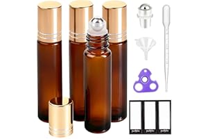 PrettyCare 4 Pack, 10 ml Essential Oil Roller Bottles with Stainless Steel Roller Ball - Refillable Leak-proof Empty Thick Amber Glass Roll on Bottles with Metal Caps for Travel, Perfume