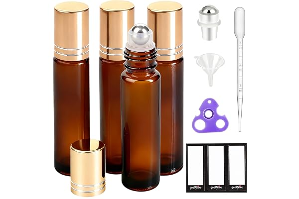 PrettyCare Essential oil Roller Ball Bottles for Oils 10ml Amber Glass with Golden Caps 4 pack, Refillable Empty Perfume Bott