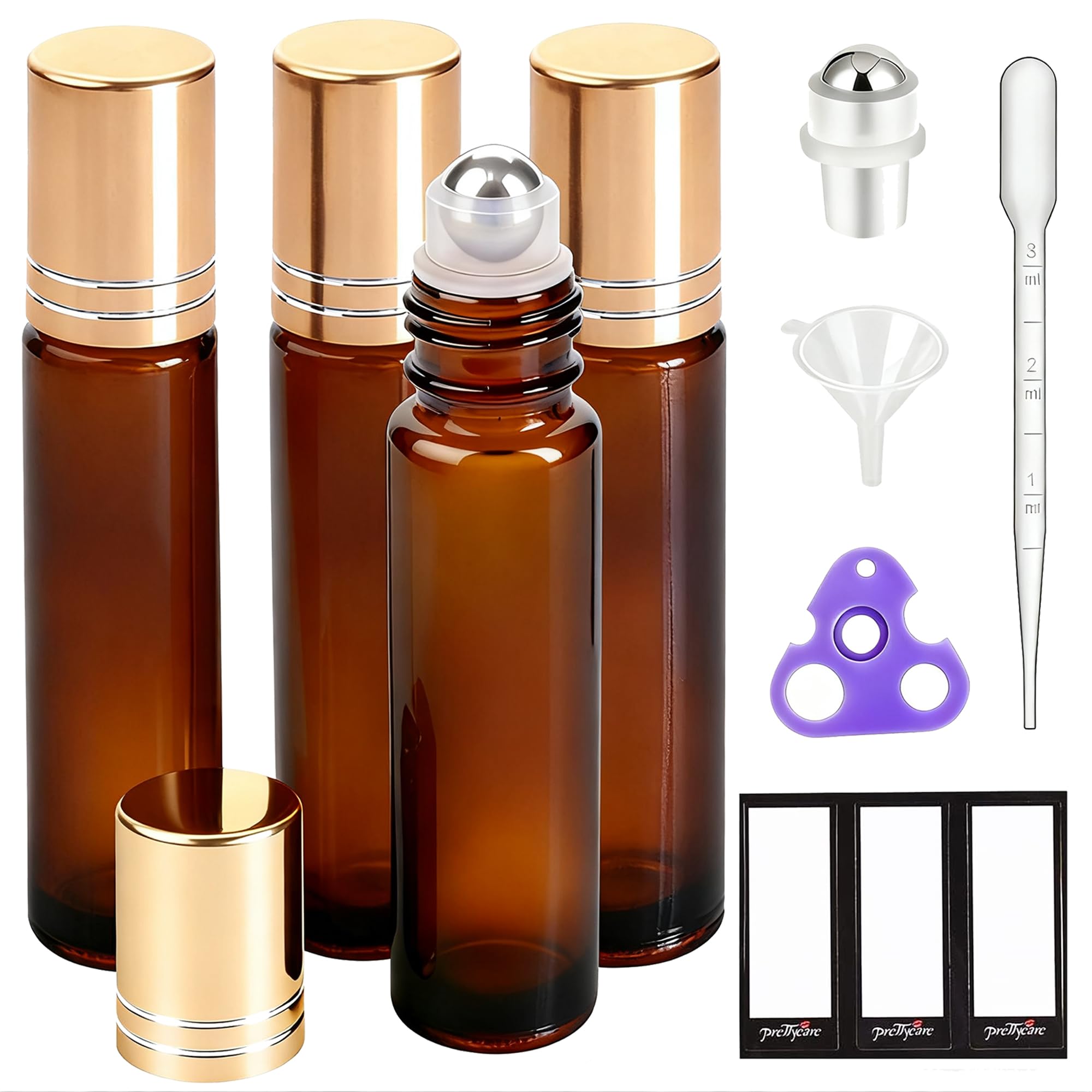 Photo 1 of PrettyCare 4 Pack, 10 ml Essential Oil Roller Bottles with Stainless Steel Roller Ball - Refillable Leak-proof Empty Thick Amber Glass Roll on Bottles with Metal Caps for Travel, Perfume