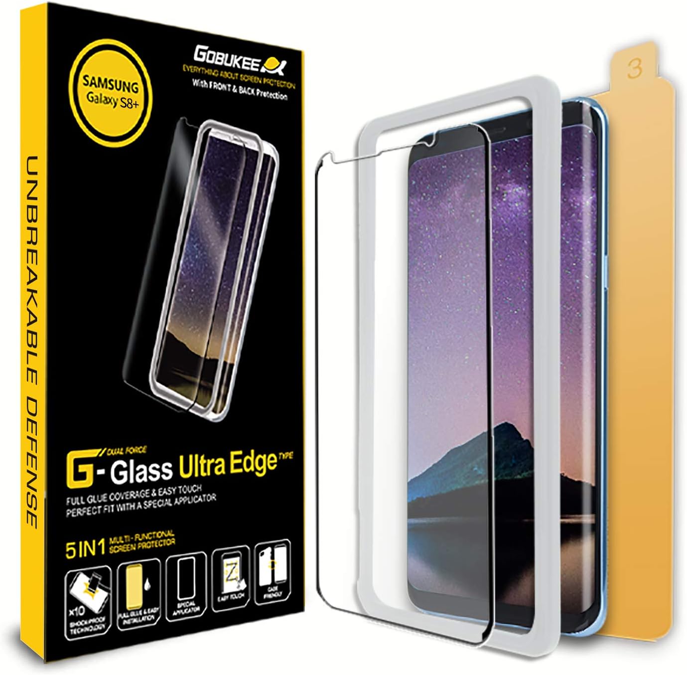 GOBUKEE Galaxy S8 Plus Screen Protector [ ULTRA EDGE FULL ADHESIVE ] tempered glass screen protector compatible with Samsung Galaxy S8 Plus with anti-shock BACK PROTECTOR