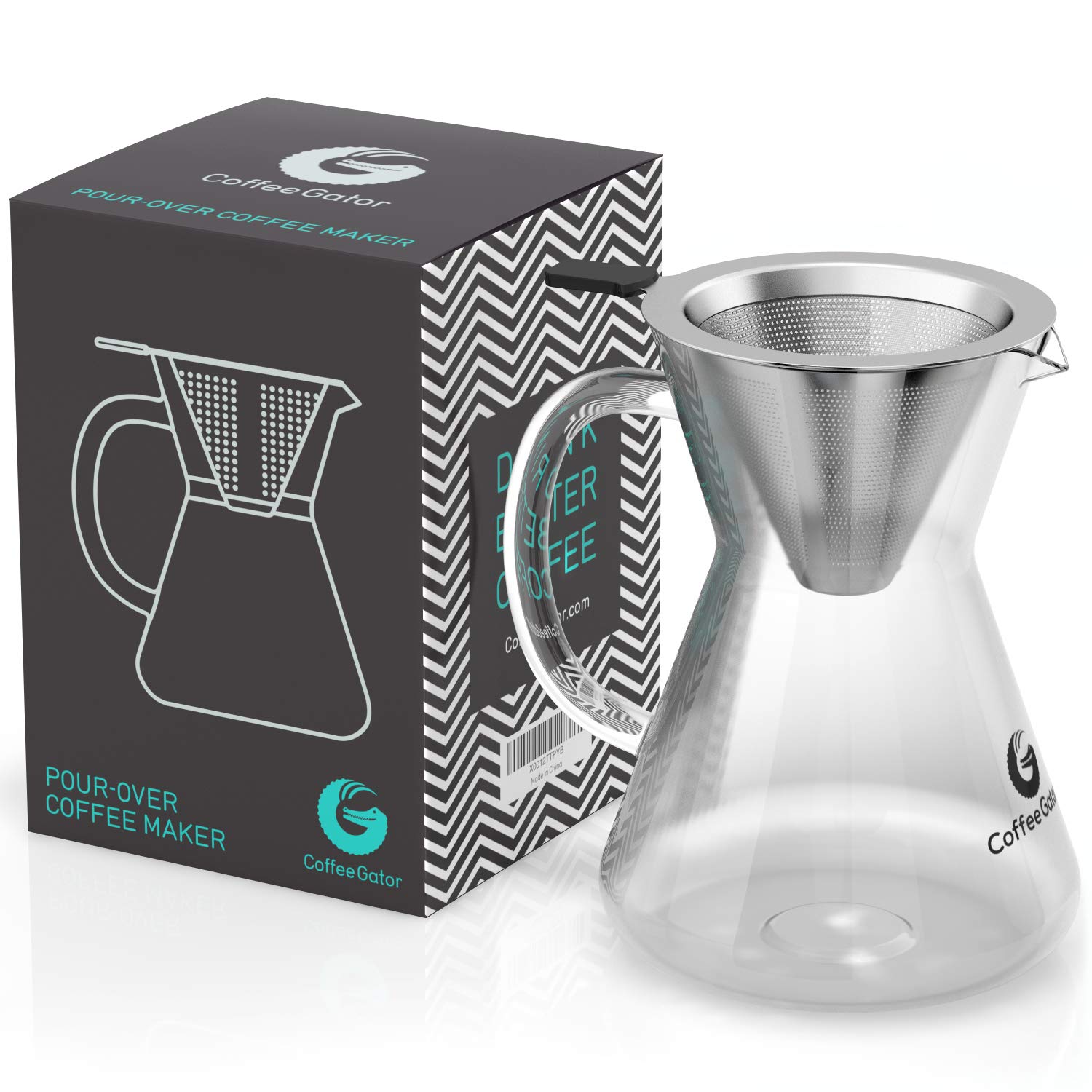 Pour Over Coffee Brewer Set Stainless Steel Filter, Borosilicate