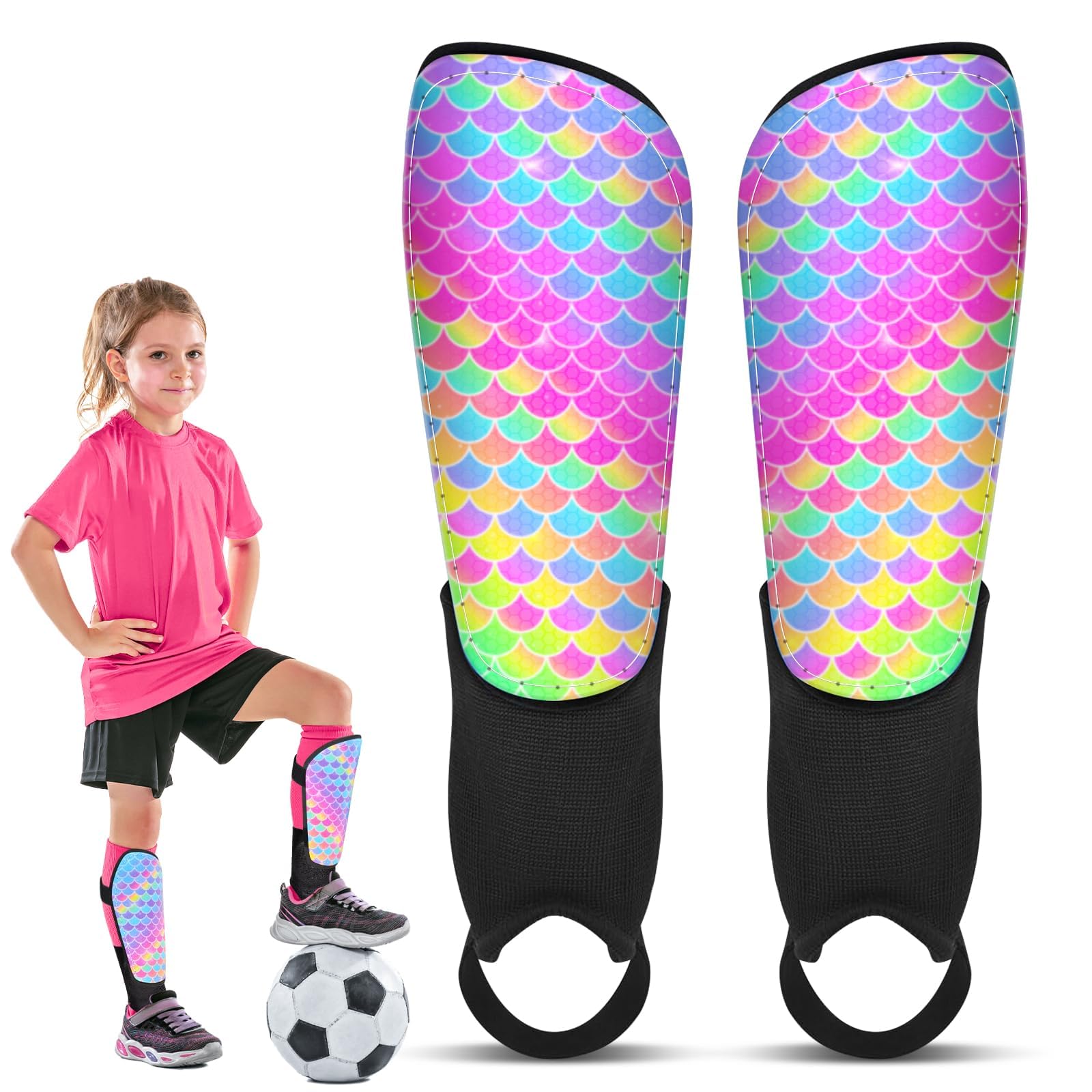 Photo 1 of Ausletie Soccer Shin Guards for Kids Girls Toddler, Shin Pads Shin Guard Equipment with Ankle and Leg Calf Protection Shin Guards Soccer for Kids 2-7 Years (Rainbow Mermaid, Small)