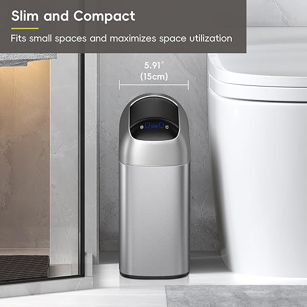 EKO ASTRO SLIM SENSOR TRASH CAN, 10L / 2.6 GALLON TOUCHLESS GARBAGE BIN WITH SOFT-CLOSE RETRACTABLE WING LID, MOTION SENSOR STAINLESS STEEL TRASH CAN FOR BATHROOM, KITCHEN AND OFFICE, WATERPROOF
