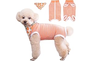 AIIEIM Dog Surgery Recovery Suit After Spay with Dog Bandana,Female Male Dog Onesie After Surgery,Anti Licking Abdominal Wound Neuter Recovery Suit,Dog Cone Alternative After Surgical-Orange Gray Stripes,S
