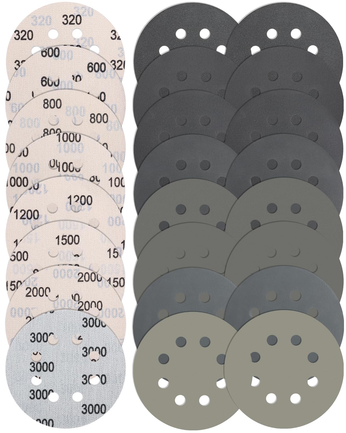 JatilEr 24 Pcs 125mm Sanding Discs, 8 Hole Wet and Dry Sanding Disc Grit 320/600/800/1000/1200/1500/2000/3000 Hook and Loop Round Orbital Sander Discs Sandpaper for Polishing Wood, Metal, Jewelry, Car