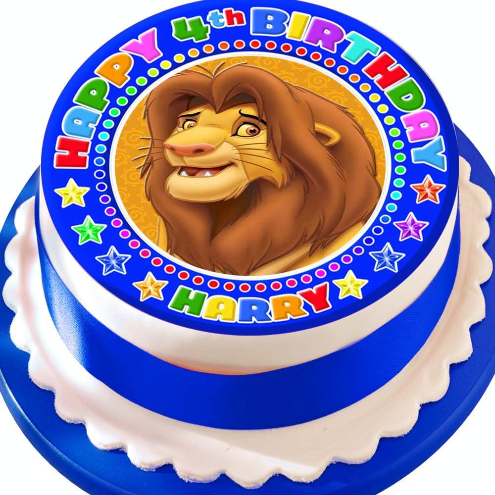 Lion King Blue Border Personalised with Name and Age PRECUT 7.5 INCH Cake Topper Edible Decoration Icing Sheet