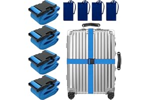 LEEHOOM 8 Pack Luggage Straps Suitcase Tags Set,Adjustable Suitcase Belts TSA Approved Silicone Luggage Tags Travel Suitcase Tags with Name ID Card for Luggage Suitcase Travel Accessories - Blue