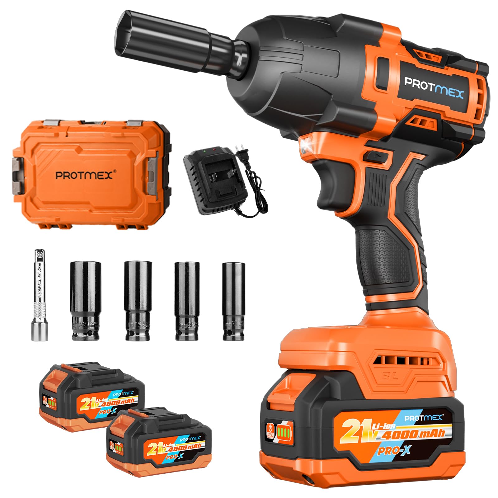 Protmex 900Ft-lbs (1200N.m) Impact Wrench, 1/2" Cordless Impact Driver, 21V High Torque Power Impact Gun - 2x4.0Ah Batteries, Variable Speeds Impact Motor for Pickup Truck/Family Car (Orange Red) Image