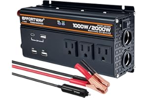 EFFORTWAY 1000 watt Power Inverter for Vehicles 12V to 110V/120V Converter 2000 watt Peak with 3 AC Out, 3 USB, Type-C Charger, and Cigarette Lighter Ports for Smartphones Laptops Tablets