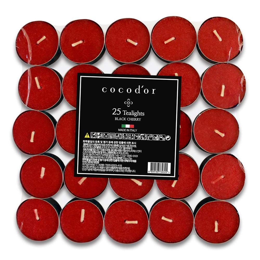 Cocodor Scented Tealight Candles/Black Cherry / 25 Pack / 4-5 Hour Extended Burn Time/Made in Italy, Cotton Wick, Scented Home Deco, Fragrance