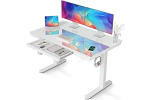 Claiks Glass Standing Desk with Drawers, 48×24 Inch Adjustable Stand Up Desk, Quick Install Home Office Computer Desk with USB Ports, White