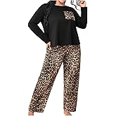 BEAUDRM Women's Plus Size Pajama Sets 2 Piece Long Sleeve Pj Sets with Leopard Printed Long Pants Sleepwear Lounge Sets