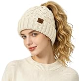 Rosoz Ponytail Beanie for Women,Winter Warm Beanie Tail Soft Stretch Cable Knit Messy High Bun Hat